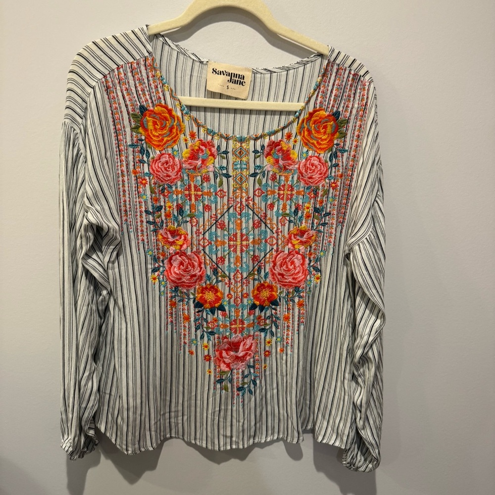 Savanna Jane Women's Striped Long Sleeve Embroidered Top Size Small Blouse Boho